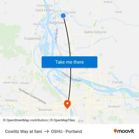 Cowlitz Way at Ilani to OSHU - Portland map