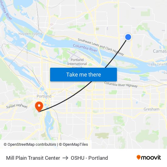 Mill Plain Transit Center to OSHU - Portland map