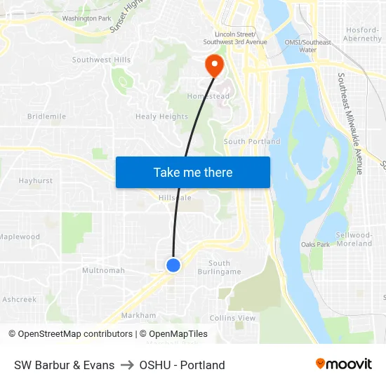 SW Barbur & Evans to OSHU - Portland map