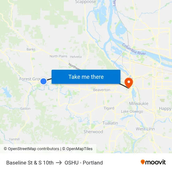 Baseline St & S 10th to OSHU - Portland map