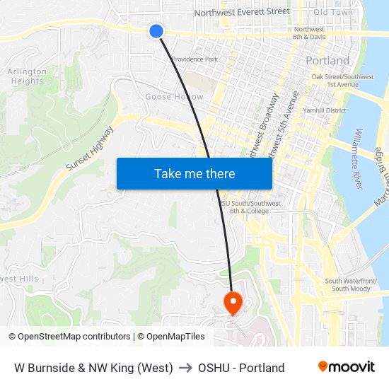 W Burnside & NW King (West) to OSHU - Portland map