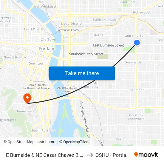 E Burnside & NE Cesar Chavez Blvd to OSHU - Portland map