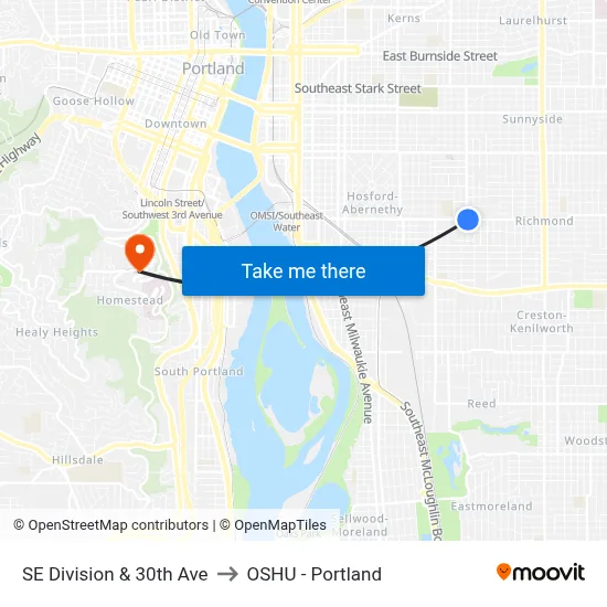 SE Division & 30th Ave to OSHU - Portland map