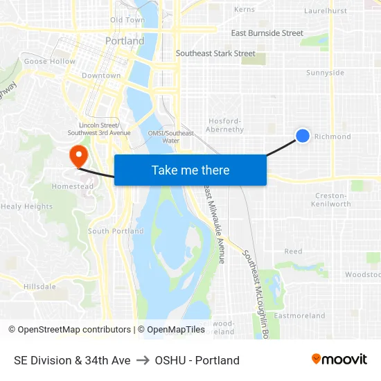 SE Division & 34th Ave to OSHU - Portland map