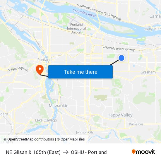 NE Glisan & 165th (East) to OSHU - Portland map