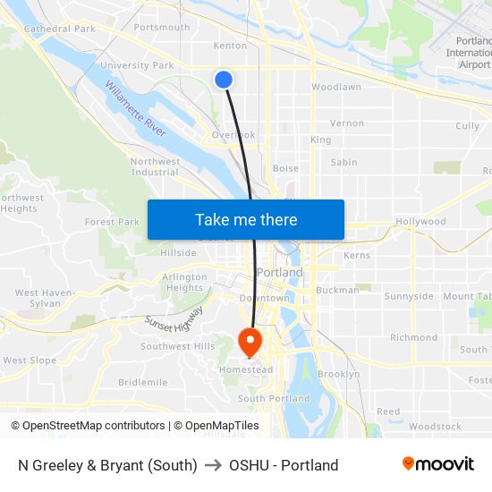 N Greeley & Bryant (South) to OSHU - Portland map