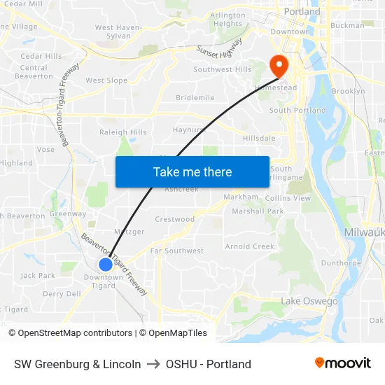 SW Greenburg & Lincoln to OSHU - Portland map