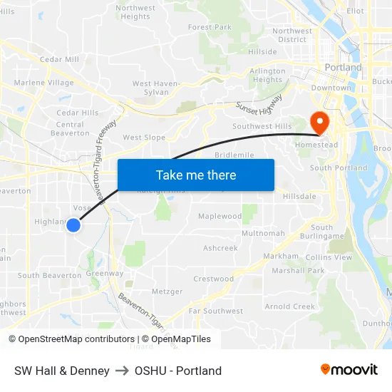SW Hall & Denney to OSHU - Portland map