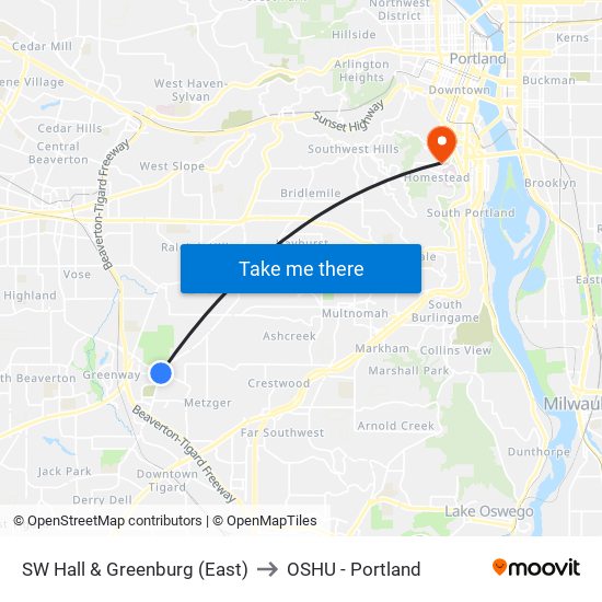 SW Hall & Greenburg (East) to OSHU - Portland map