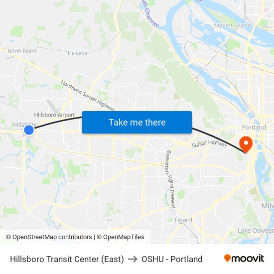 Hillsboro Transit Center (East) to OSHU - Portland map