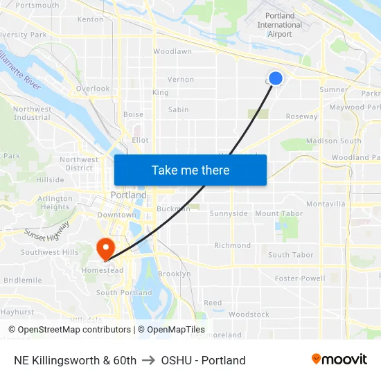 NE Killingsworth & 60th to OSHU - Portland map