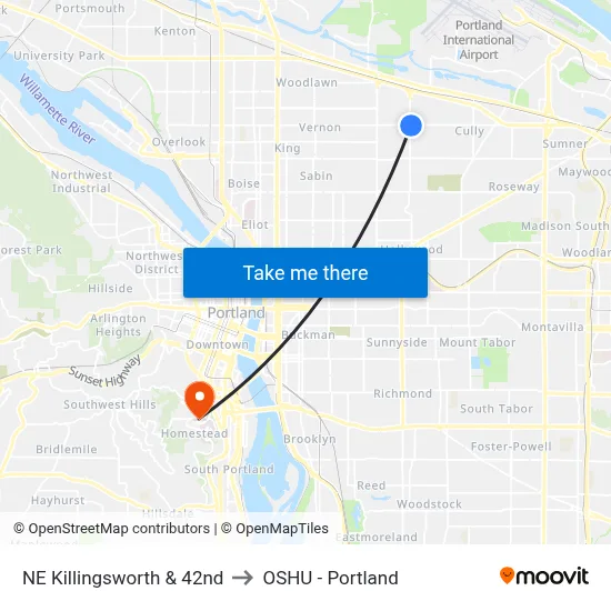 NE Killingsworth & 42nd to OSHU - Portland map