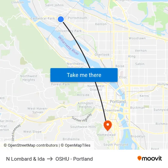 N Lombard & Ida to OSHU - Portland map