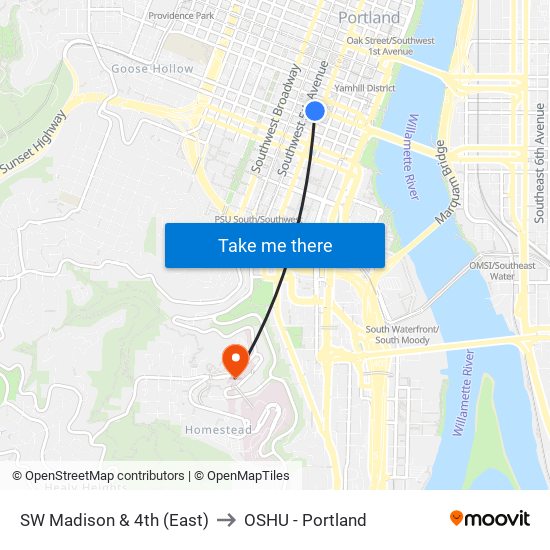 SW Madison & 4th (East) to OSHU - Portland map