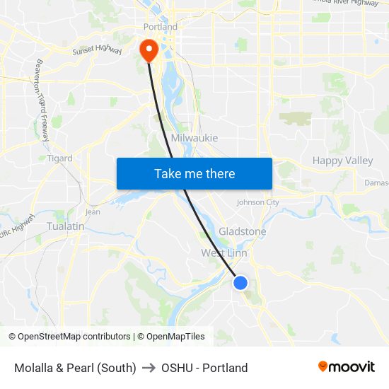 Molalla & Pearl (South) to OSHU - Portland map
