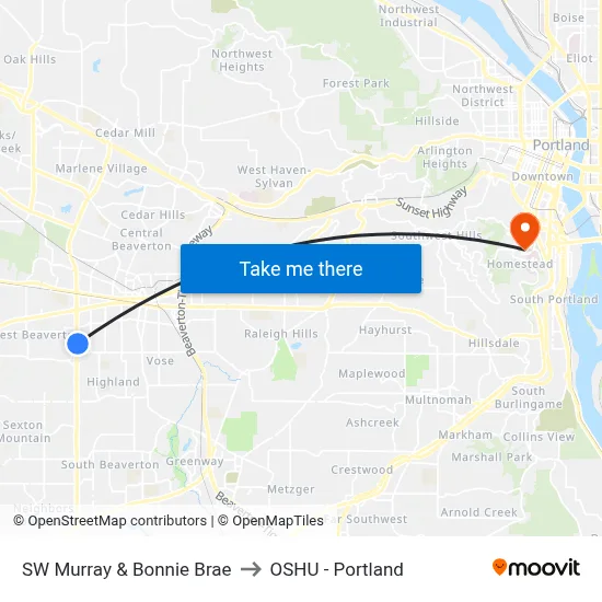 SW Murray & Bonnie Brae to OSHU - Portland map