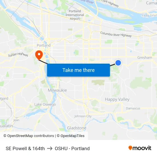 SE Powell & 164th to OSHU - Portland map