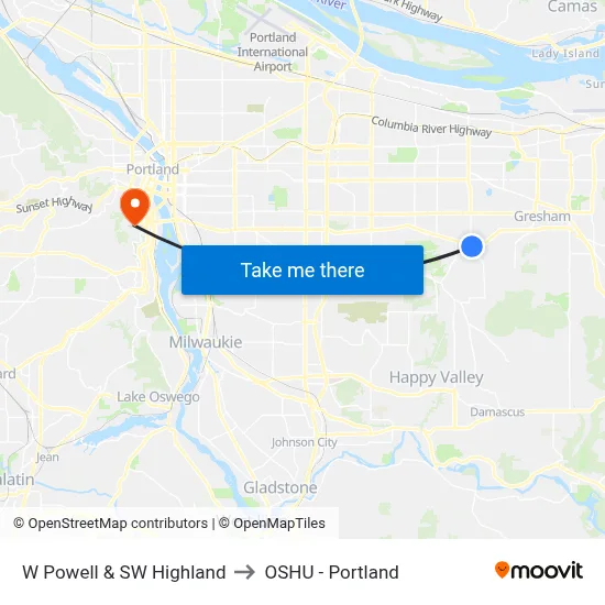 W Powell & SW Highland to OSHU - Portland map