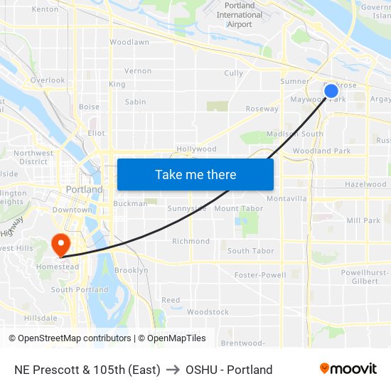 NE Prescott & 105th (East) to OSHU - Portland map