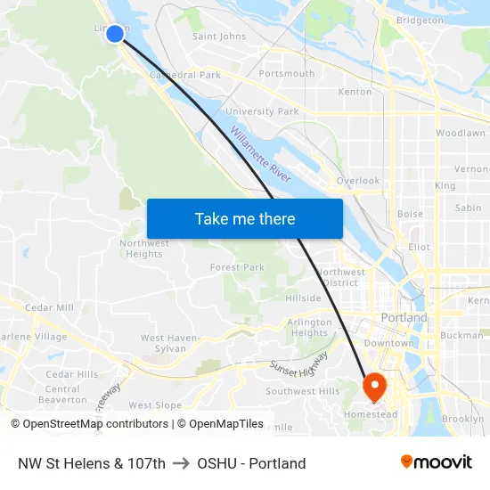 NW St Helens & 107th to OSHU - Portland map