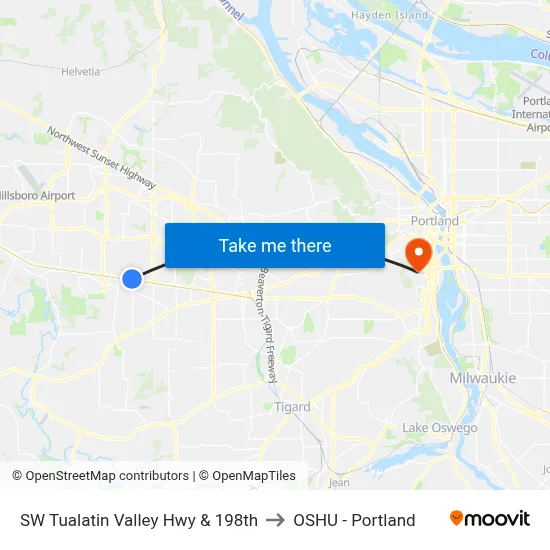 SW Tualatin Valley Hwy & 198th to OSHU - Portland map