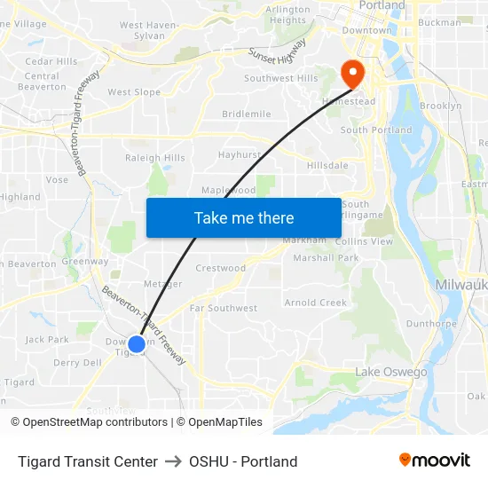 Tigard Transit Center to OSHU - Portland map