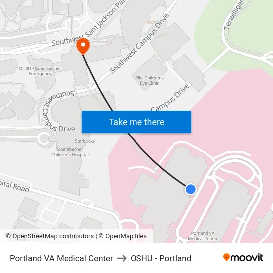 Portland VA Medical Center to OSHU - Portland map