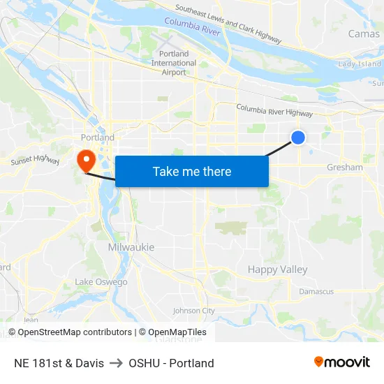 NE 181st & Davis to OSHU - Portland map
