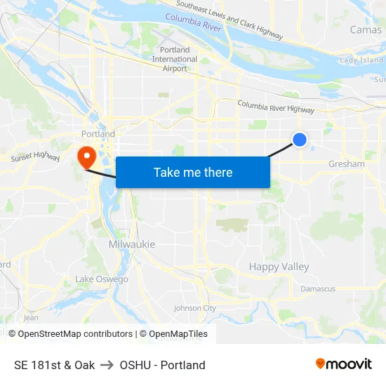 SE 181st & Oak to OSHU - Portland map