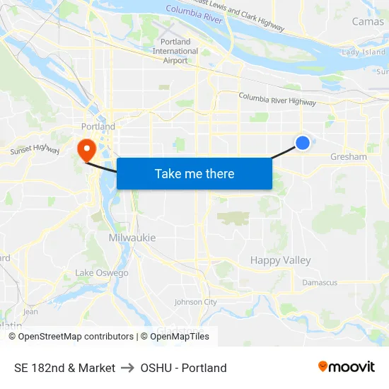SE 182nd & Market to OSHU - Portland map