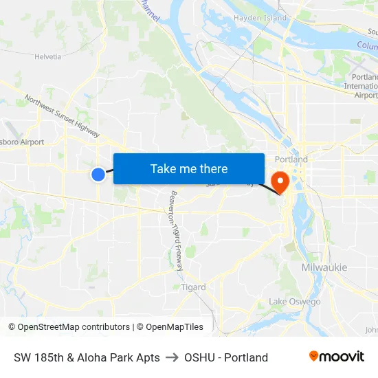 SW 185th & Aloha Park Apts to OSHU - Portland map