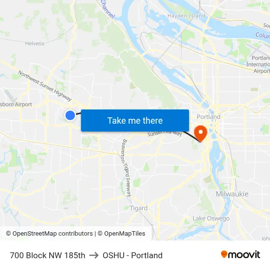 700 Block NW 185th to OSHU - Portland map