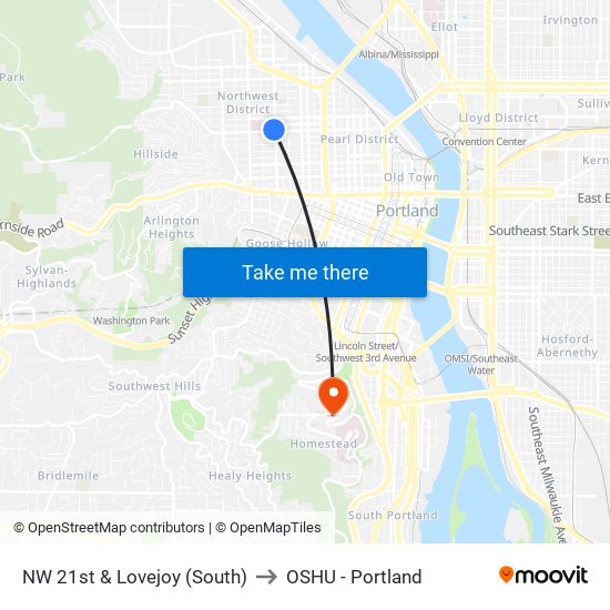 NW 21st & Lovejoy (South) to OSHU - Portland map