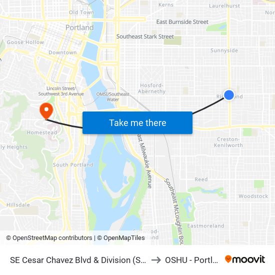 SE Cesar Chavez Blvd & Division (South) to OSHU - Portland map