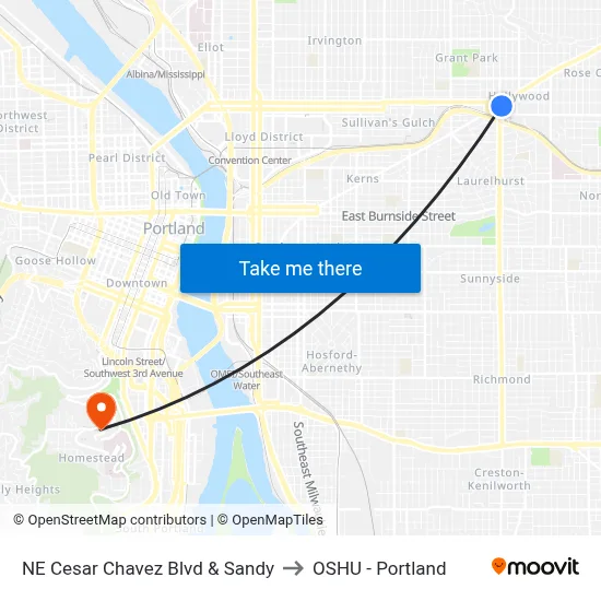 NE Cesar Chavez Blvd & Sandy to OSHU - Portland map