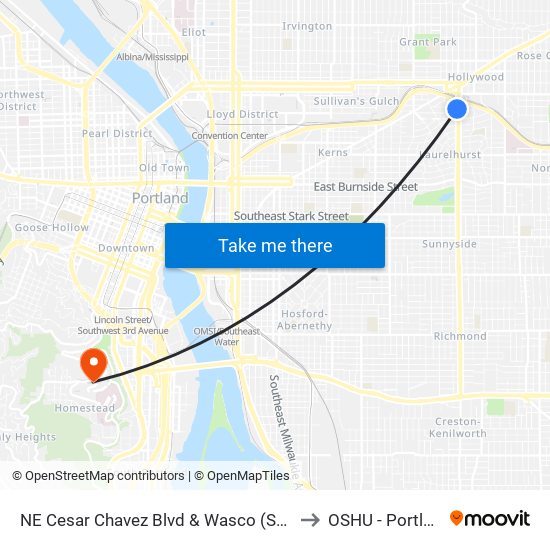 NE Cesar Chavez Blvd & Wasco (South) to OSHU - Portland map