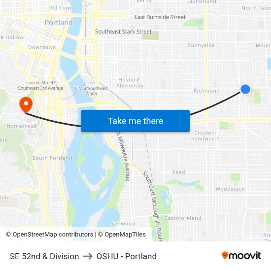 SE 52nd & Division to OSHU - Portland map