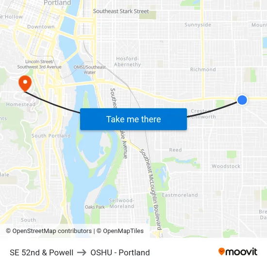 SE 52nd & Powell to OSHU - Portland map