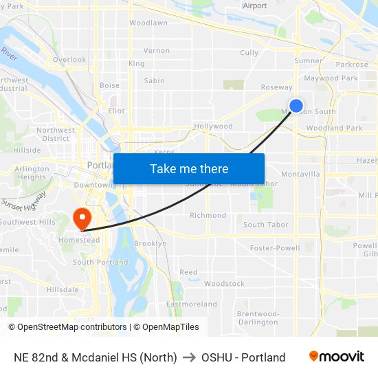 NE 82nd & Mcdaniel HS (North) to OSHU - Portland map