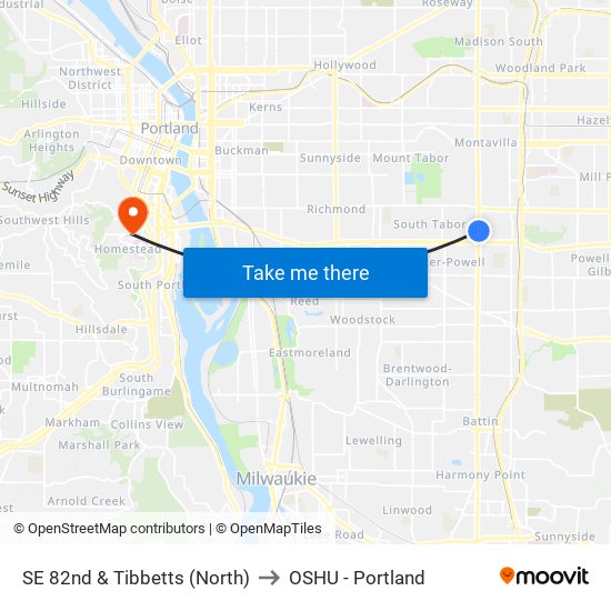 SE 82nd & Tibbetts (North) to OSHU - Portland map