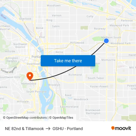 NE 82nd & Tillamook to OSHU - Portland map