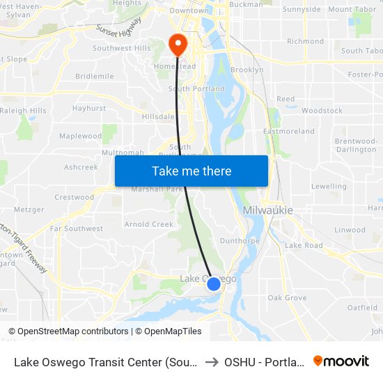 Lake Oswego Transit Center (South) to OSHU - Portland map