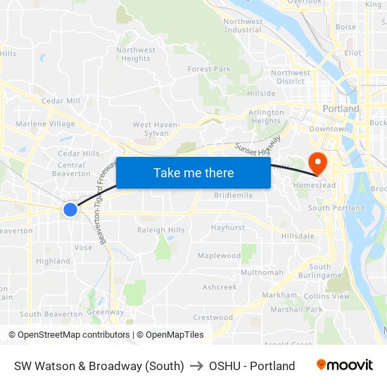 SW Watson & Broadway (South) to OSHU - Portland map