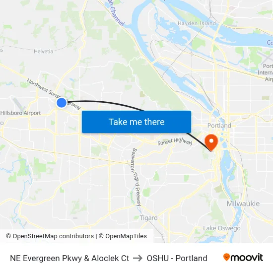 NE Evergreen Pkwy & Aloclek Ct to OSHU - Portland map