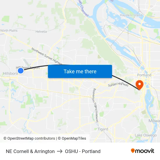 NE Cornell & Arrington to OSHU - Portland map