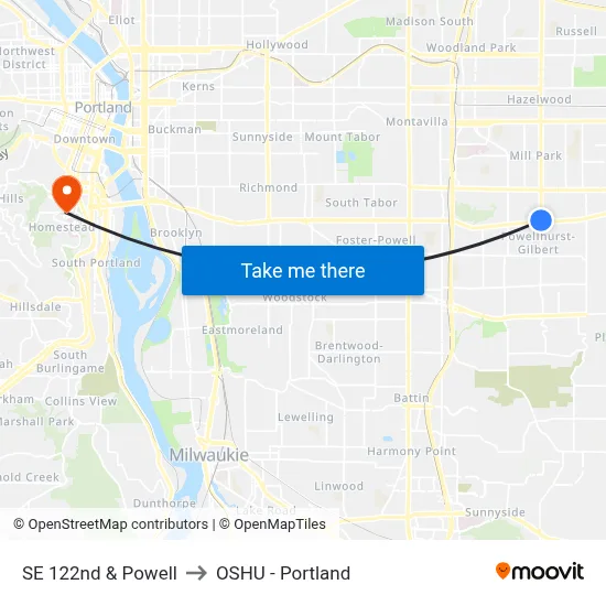 SE 122nd & Powell to OSHU - Portland map