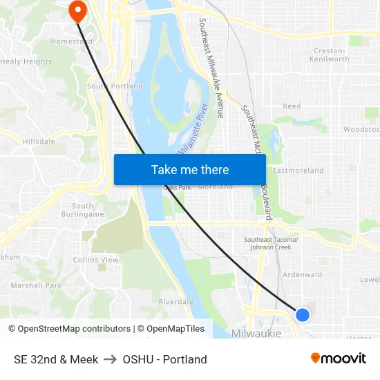 SE 32nd & Meek to OSHU - Portland map
