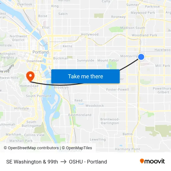 SE Washington & 99th to OSHU - Portland map