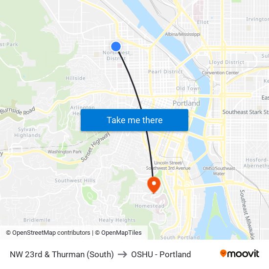 NW 23rd & Thurman (South) to OSHU - Portland map