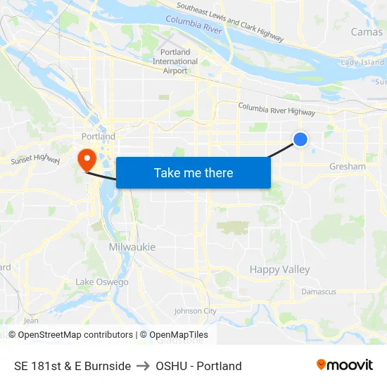 SE 181st & E Burnside to OSHU - Portland map